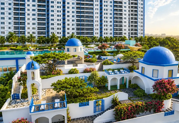 Santorini-inspired clubhouse and landscaped facilities